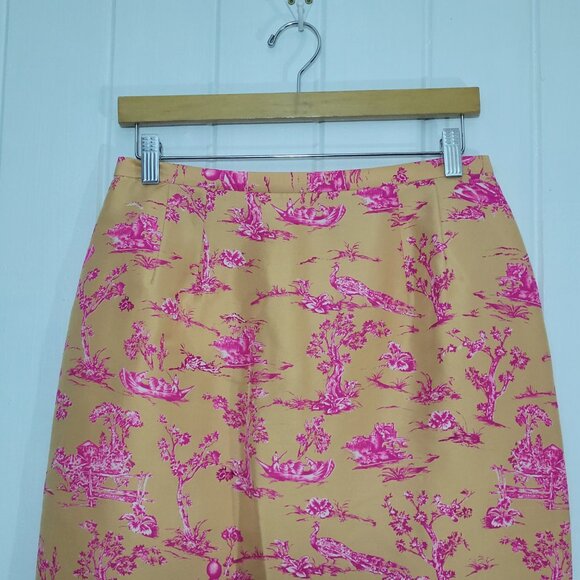 NWOT Talbots Sz 10 Petite 100% Silk Peach Pencil Skirt Pink Peacock Floral Print - Picture 2 of 11
